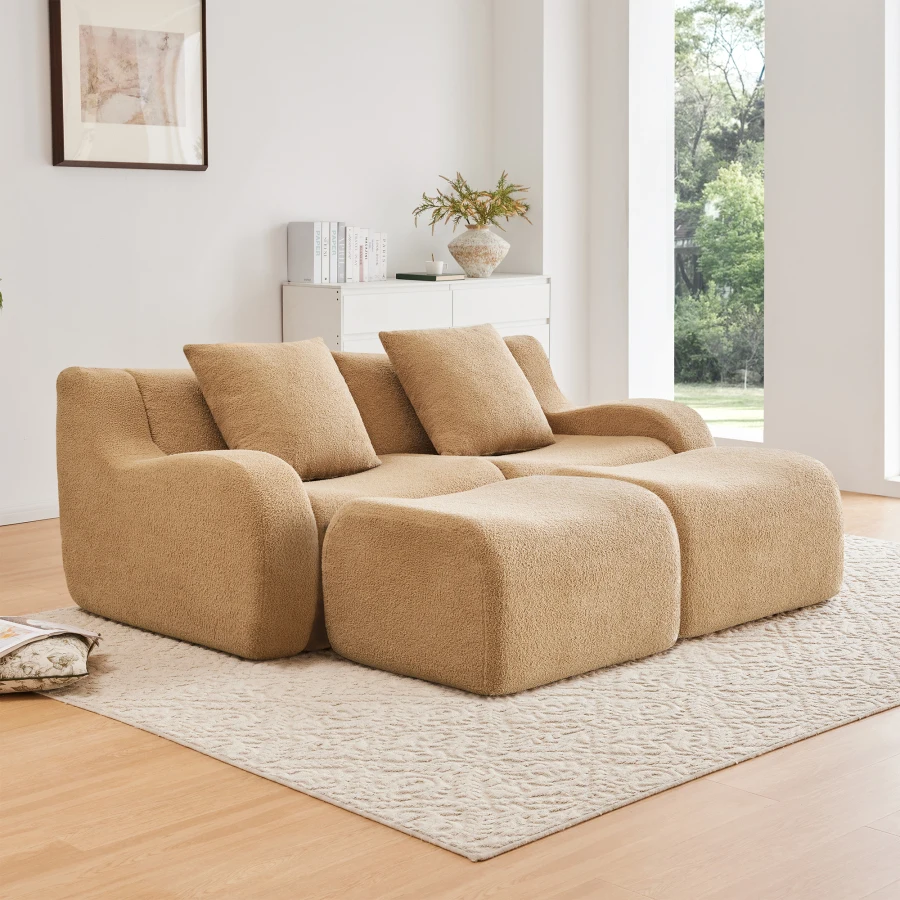Soft Teddy Fabric Boneless Sofa, Anti-Slip Design, Assembly Chaise Lounge Curved Armrests Ergonomic Support 32D High Density Sp