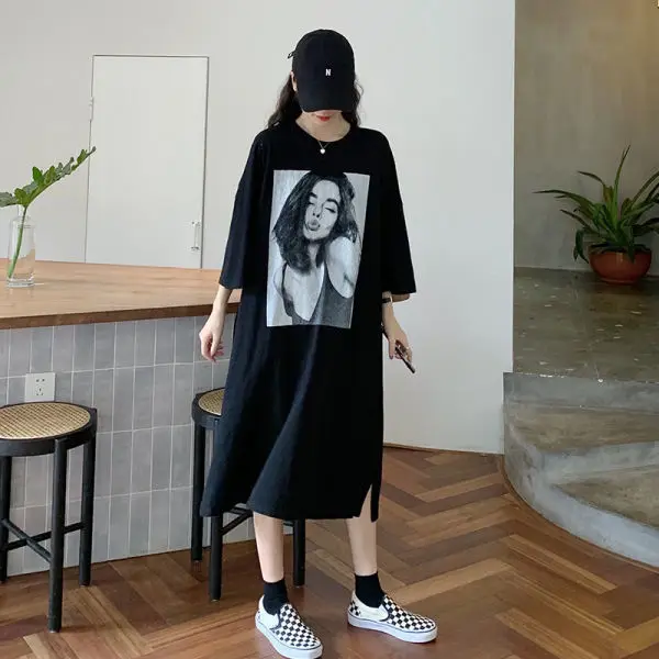 Grand t-shirt européen Svel pour femmes, au-dessus du genou, Long, coupe droite, taille basse, autre matériau 00%, printemps