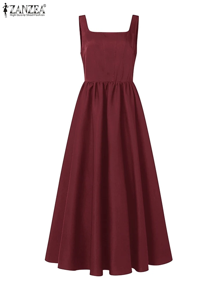 2025 ZANZEA Women Satin Sundress Vintage Square Neck Sleeveless Midi Dress Party Retro Chic Tank Vestidos Bohemian Swing Robe