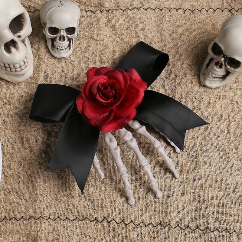 10Pcs Halloween Hair Accessory Skeleton Hand with Rose Bowknot Stylish Side Clip Ornament for Costume Parties