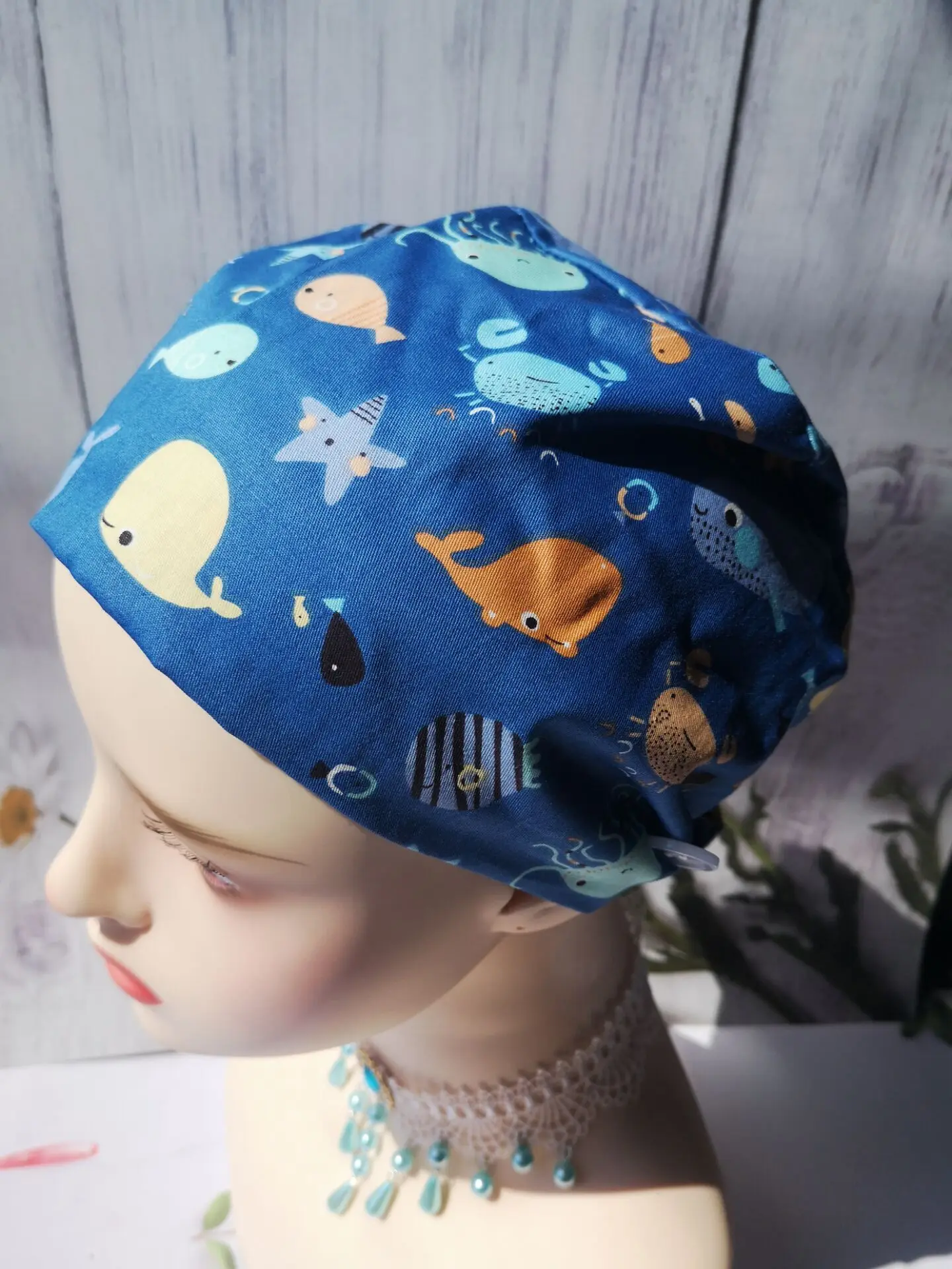 

Cotton Scrub Nurse Hat Adjustable Medical Bouffant Sanitary Cap Cartoon Print Pattern Unisex Dust Proof Beauty Pet Shop Workwear