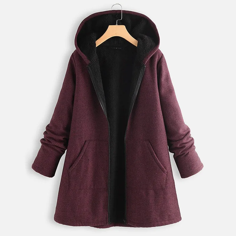 

Winter New Women Cotton Jacket Mid Length Version Hooded Zipper Outwear Thicken Warm Plus Velvet Vintage Loose Casual Outcoat