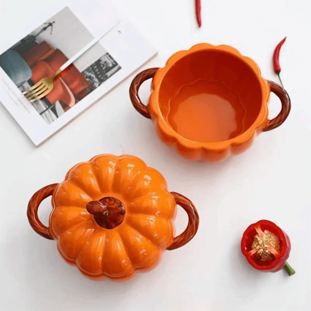 Ceramic Halloween Pumpkin Bowl Double Ear Handle Glazed Surface Pumpkin Casserole Orange with Lid Instant Noodle Bowl Kitchen