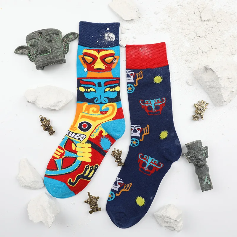 Original AB Asymmetrical Creative Couple Demon Alien Halloween Colorful Versatile Medium High Socks for Men and Women Gift 1pc