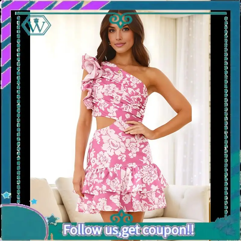 A09P 캐주얼 여름 플로럴 프린트 러플 슬리브리스 컷아웃 미니 드레스 보헤미안 비치 선드레스