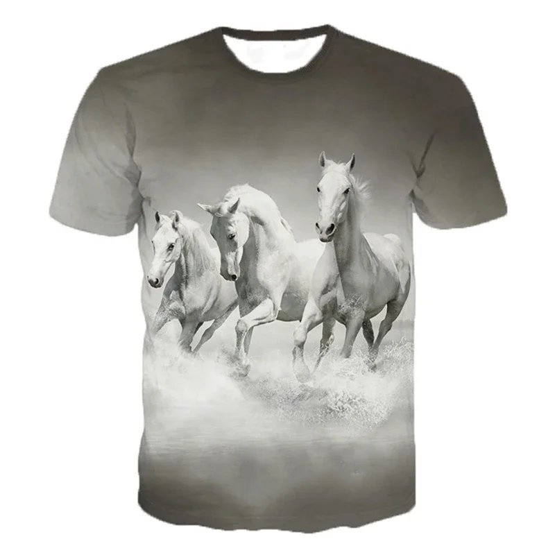 موضة الحصان الجرافيك تي شيرت للرجال الصيف طاقم الرقبة قصيرة الأكمام ثلاثية الأبعاد الحيوانات المطبوعة تي شيرت فضفاض الشارع الشهير الاطفال تيز القمم