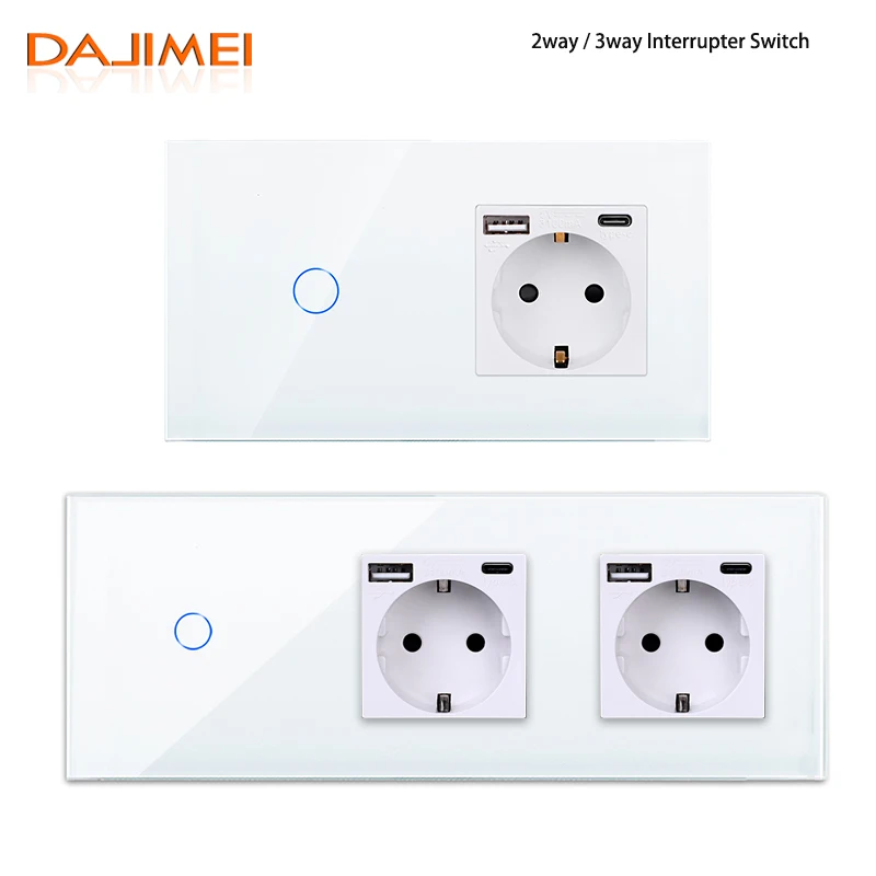 DAJIMEI Wall Light Switch 1/2/3Gang 2/3Way Touch Switch with Double USB TypeC Charging EU Power Sockets Interrupter Switches