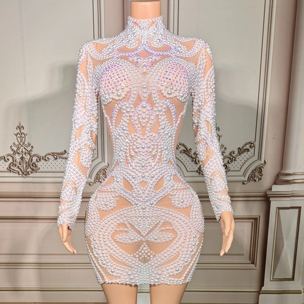 Sexy Mesh Transparent Long Sleeve Pearls Short Dress for Women Elegant Evening Birthday Celebrate Wedding Photo Shoot Dress