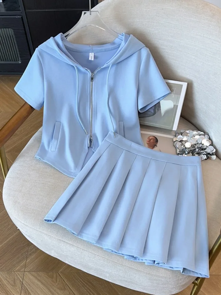 

plus Size Summer Fashion Set with Short Top And Pleated Skirt High Waist Hoodie Women's Clothing Breathable Casual Style