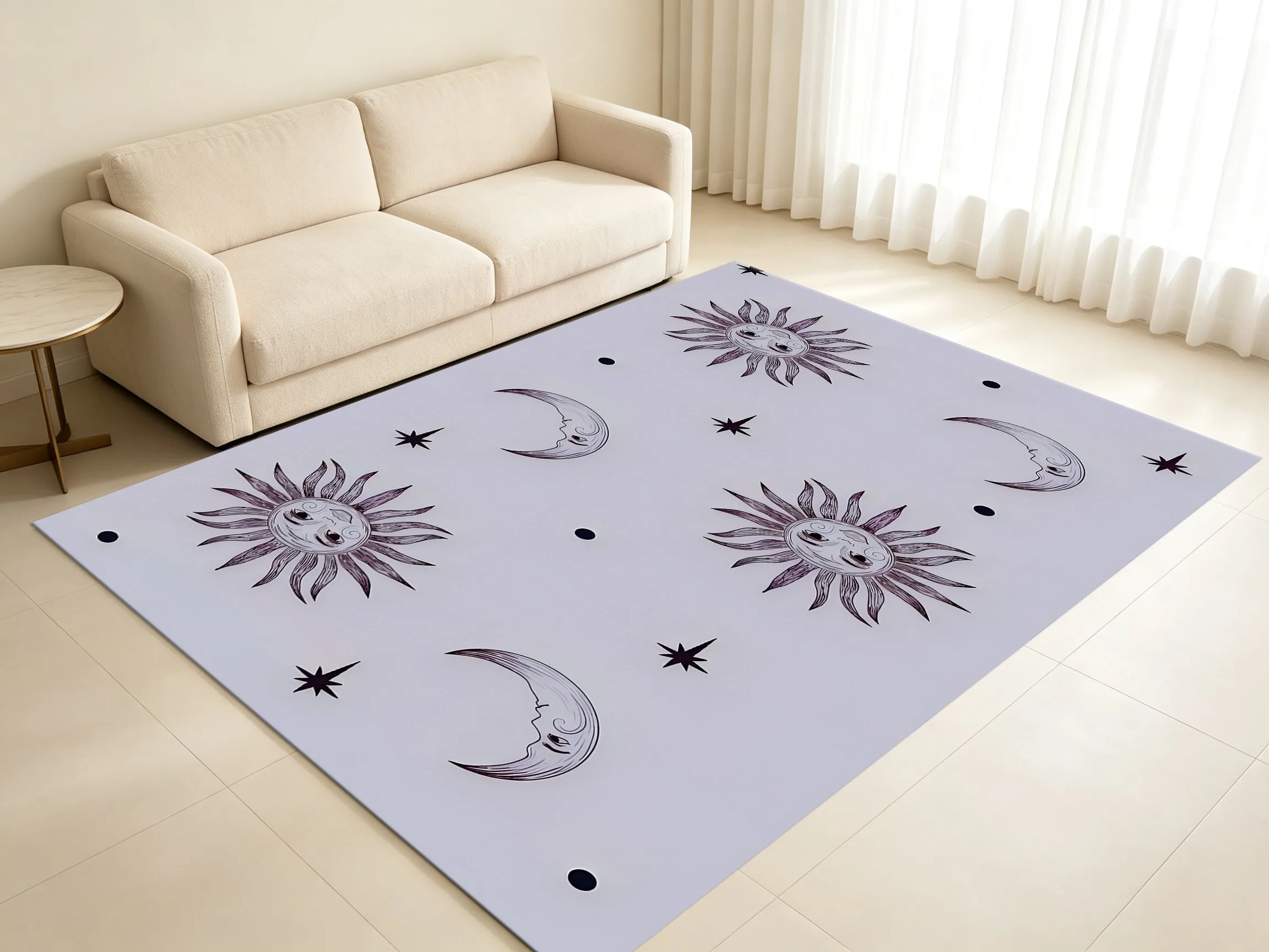 Anthropomorphic Sun, Moon, and Star Prints Create a Retro and Mysterious Halloween Atmosphere Suitable for Bedrooms, Living Rooms, and Entryways, This Velvet Rug Adds a Tranquil and Romantic Ambiance.