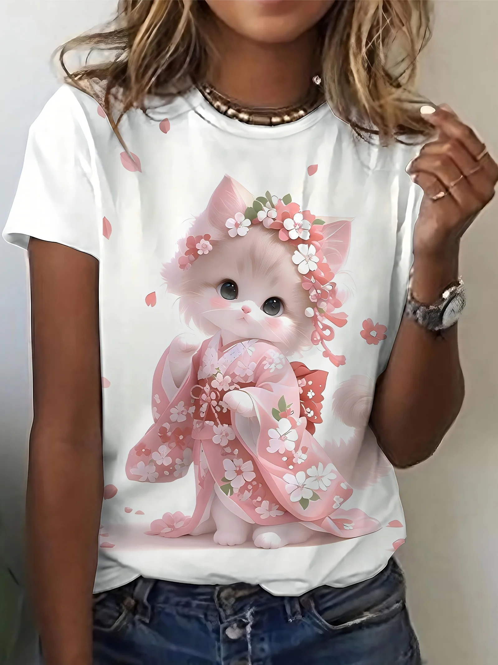 Women Crew Neck Short Sleeve T-shirt Cute Sakura Cat Kimono Print Soft Breathable Casual Daily Summer Animal Floral Top