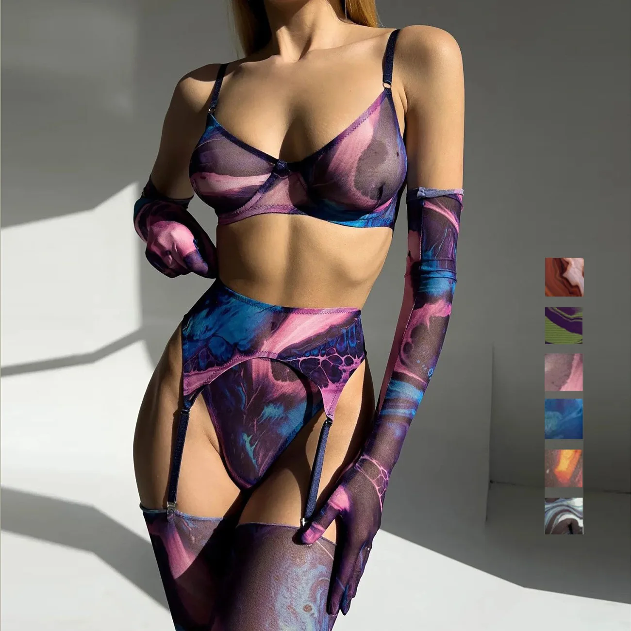 Frauen sexy Tie Dye Print komplette Set Unterwäsche Strümpfe Handschuhe Spiel Cosplay Perfermence Damen Kostüm mehrfarbig