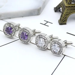 Delicate Tiny Round Cufflink For Men Boys Purple Crystal Luxury High Quality French Shirts Cuff Links Button Male Jewelry Gifts