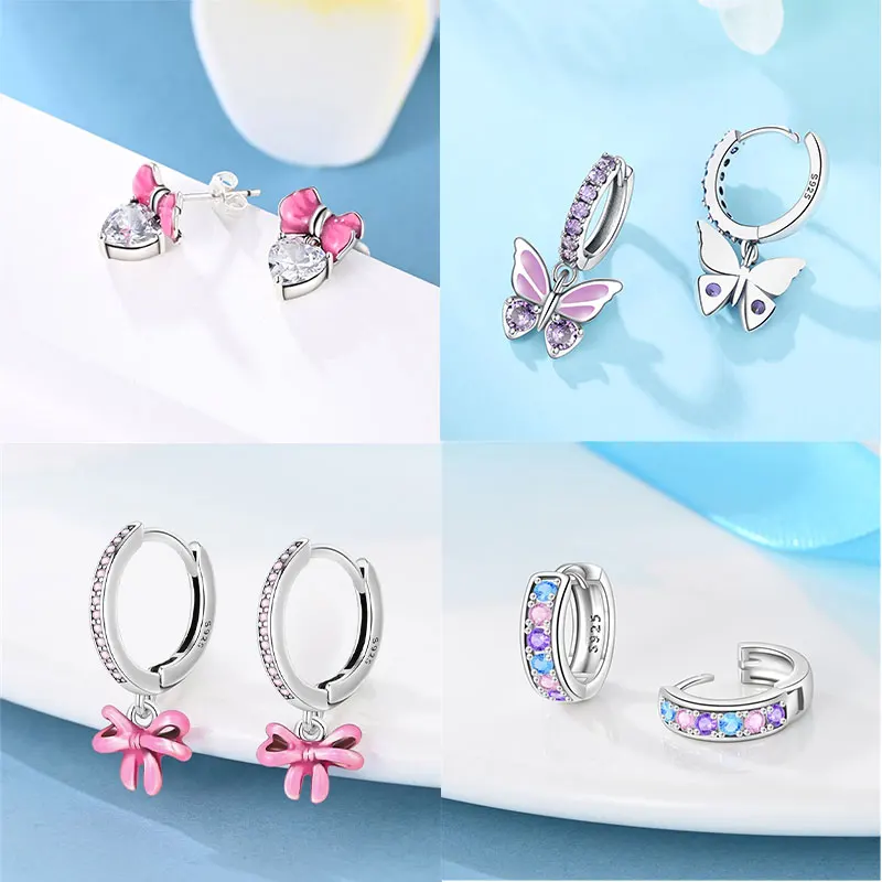 Pink Series Romantic Flower Butterfly Unicorn Tulip Geometry 925 Sterling Silver Earrings Boutique Fine Jewelry Gifts for Women