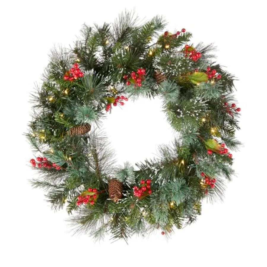 24 in Pre-Lit Wintry Pine Flocked Artificial Christmas Wreath, Christmas Decoration with Pinecones, Red Berries, 50 Clear LED L