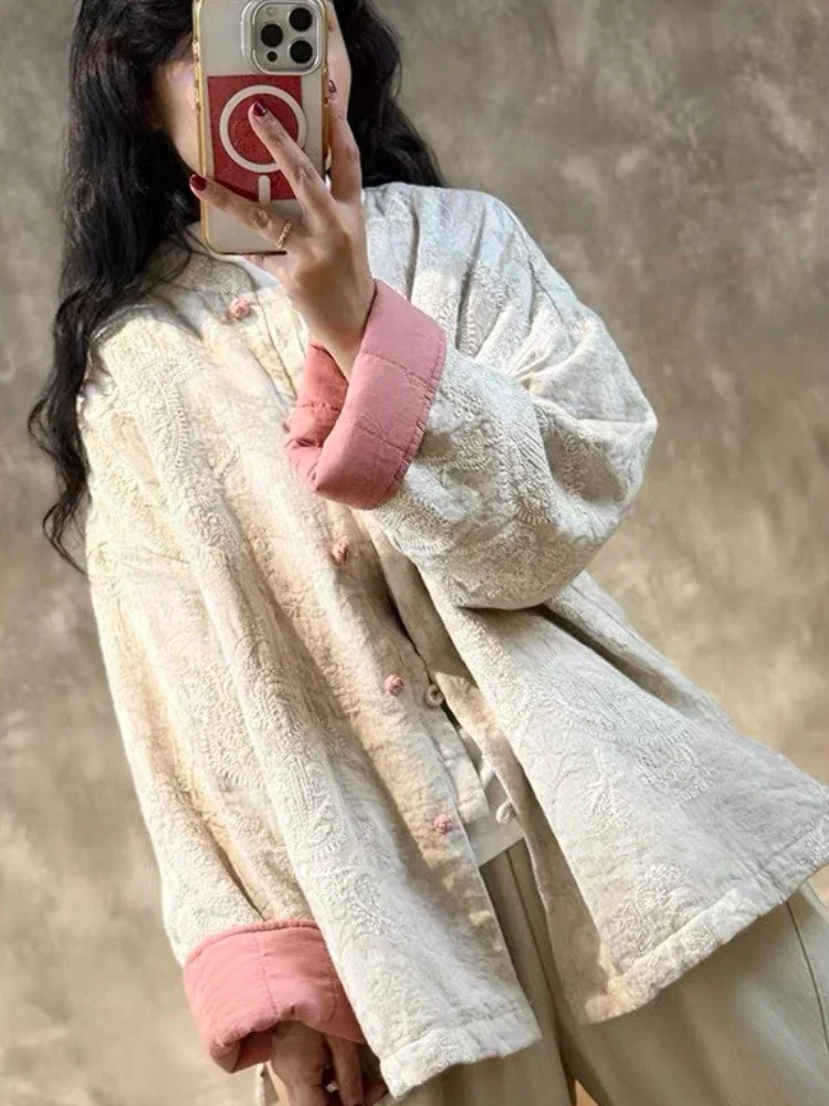 New Chinese Style Contrast Color Embroidered Cotton Jacket Women's Winter National Style Stand Collar Tang Suit Linen Cotton ...