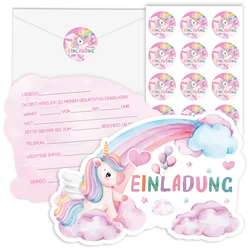 12PCs German Unicorn Birthday Invitation Card With 12 Envelopes 12 Unicorn Stickers Birthday Gifts Theme Parties Holiday Par