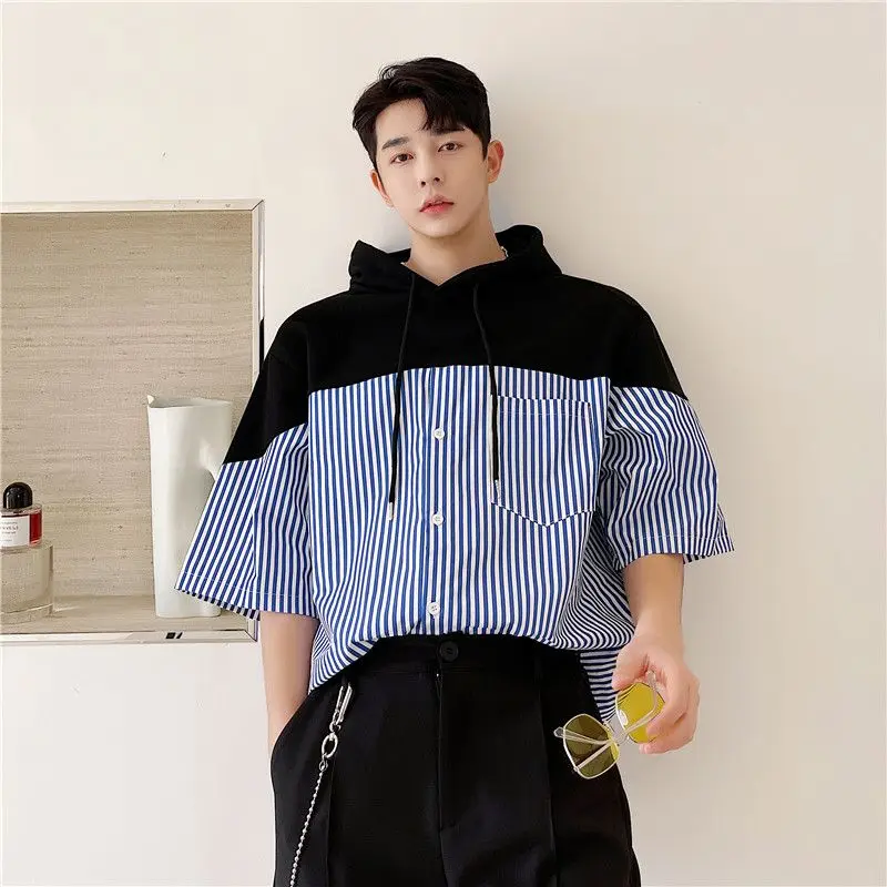 Korean summer thin handsome striped shirt men short-sleeved design niche Hong Kong style patchwork shirt hooded loose y2k top