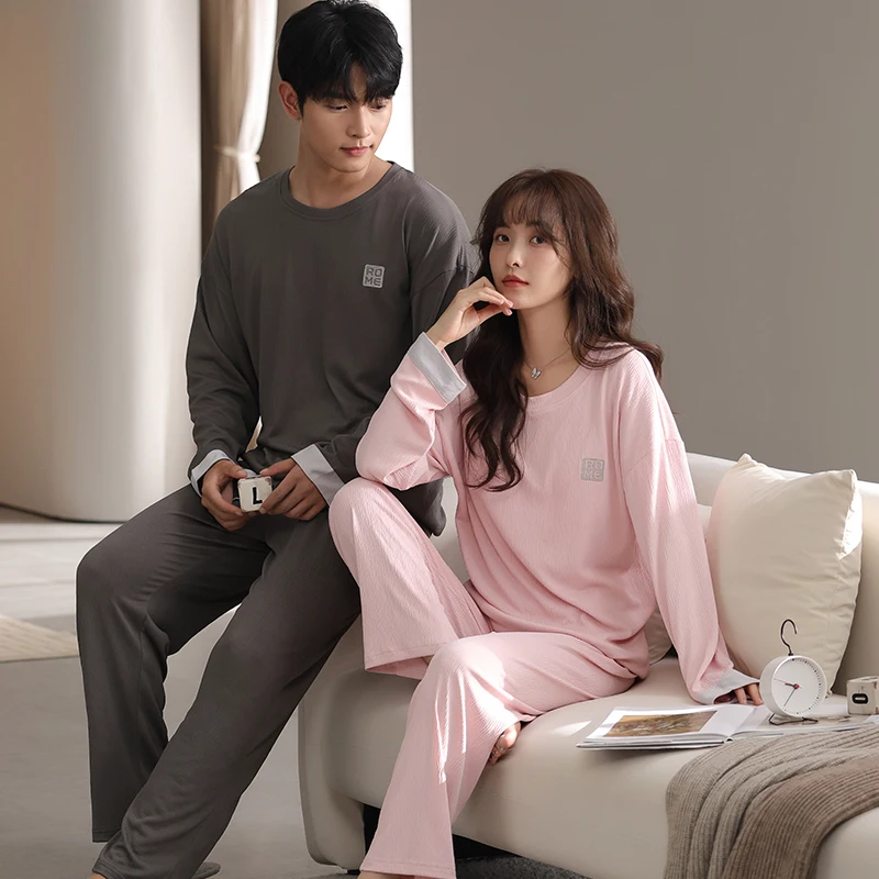 Couple Nightwear Suit Spring Sweet Cute Long Sleeve Pajamas For Male Female Solid Color Homewear Men M-4XL Cotton Pijamas Mujer