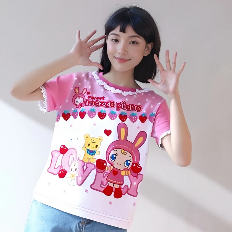 Japanese Cute Kawaii Tops Y2k Women Girls Casual Harajuku Short Sleeves Tees Lolita Cartoon Print Sweet Summer 2024 T Shirt