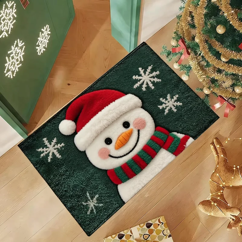 VIKAMA Santa Claus Face Doormat Green Snowflake Pattern Non Slip Entrance Rug Flannel Xmas Holiday Floor Mat Front Door Outdoor