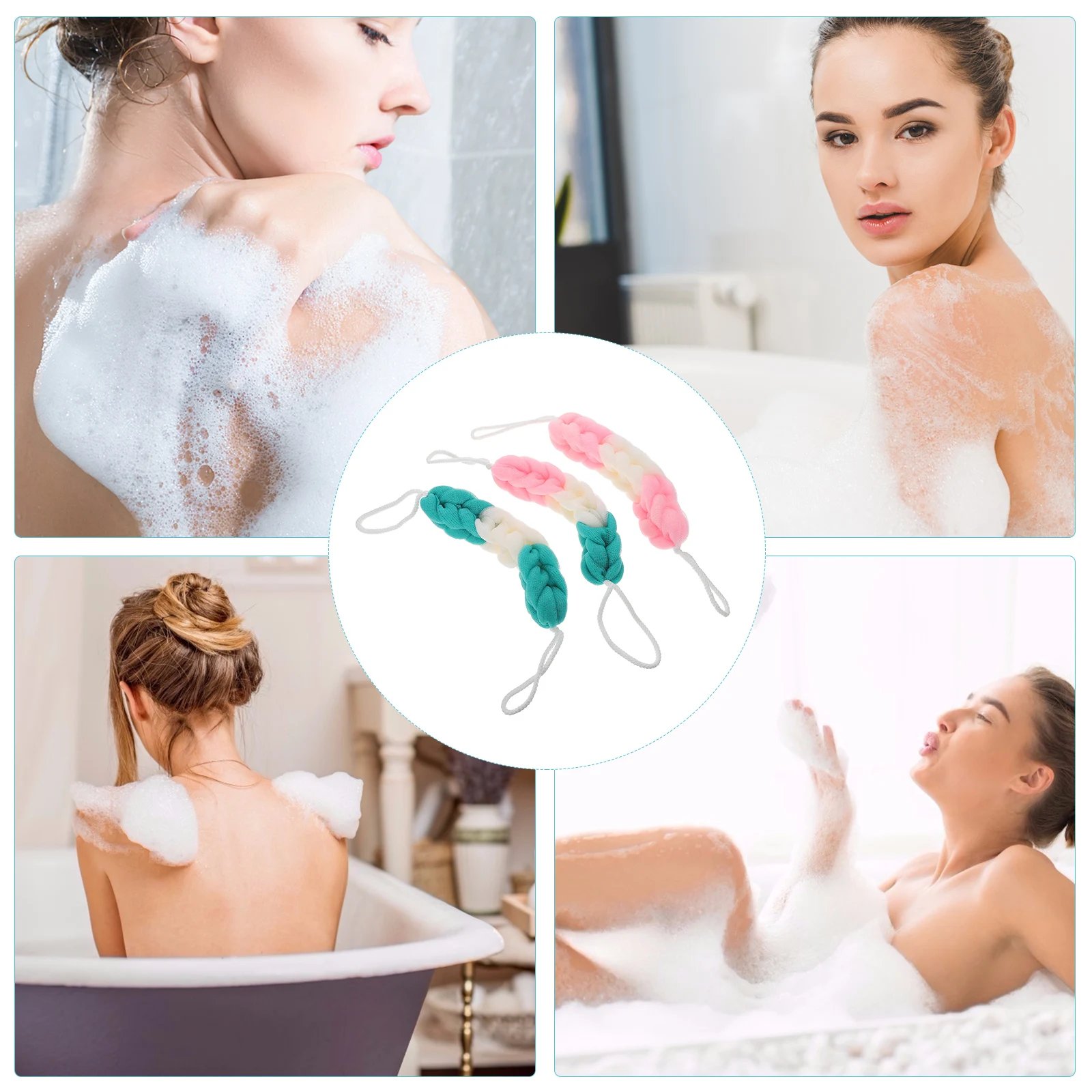 

3pcs Exfoliating Bath Sponge Shower Stretchy Back Scrubber Mesh Pouf Assorted Color Long Bath Pouf Gentle Skin Deep