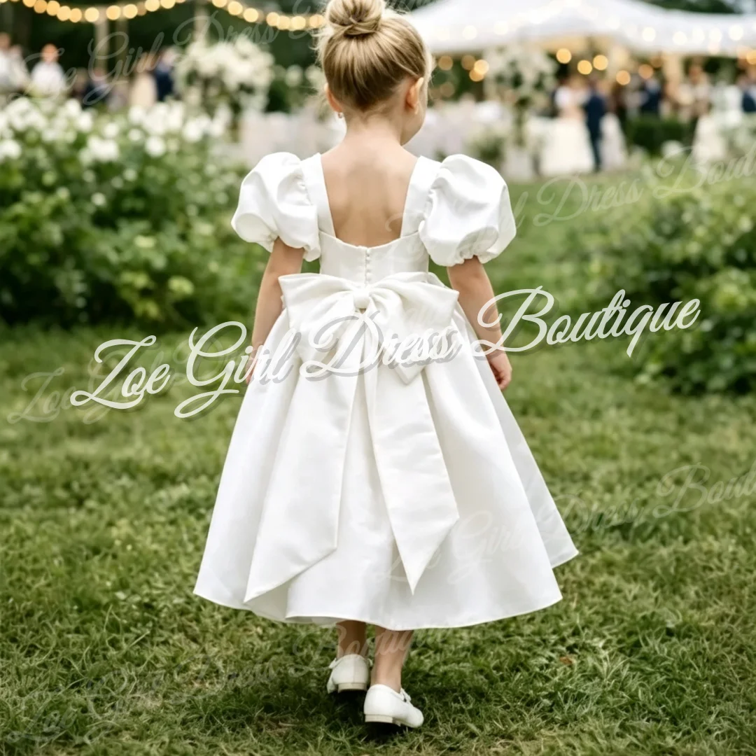 robes-de-demoiselles-d'honneur-en-satin-blanc-a-col-carre-manches-bouffantes-nœud-au-dos-pour-mariage-bapteme-fete-d'anniversaire-premiere-communion-personnalisables