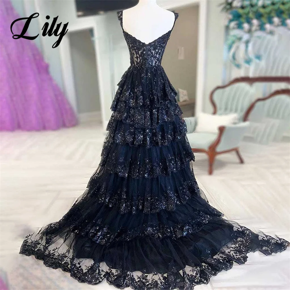 Lily Navy Blue A Line Formal Dress Tiered Sweetheart Party Dress Pleats Spaghetti Strap Special Occasion Dress 프롬 드레스 Customized