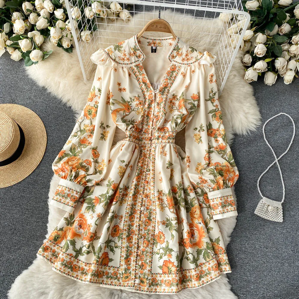 

Autumn Women's Court Style Retro Floral Dress with Elegant Charm Single Breasted Printed Bubble Sleeves A-line Short Skirt