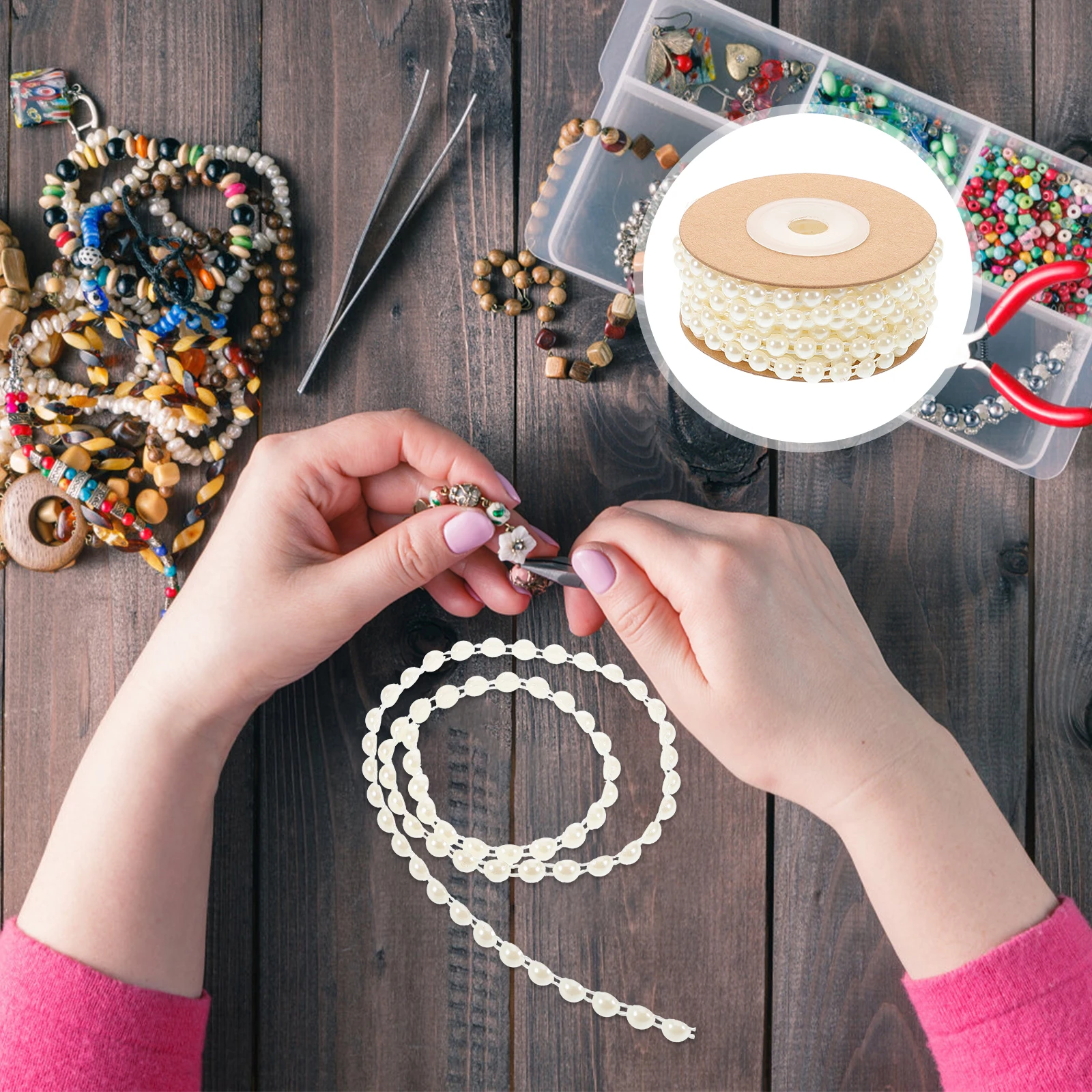 

Half-Round Pearl Bead Garland String Flat Beaded Chain Trim For Wedding Crafts Jewelry Making Decoration Spool Roll Faux