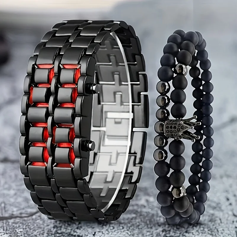 3pcs/set, Creative LED Digital Display Bracelet Watch & Crown Beaded Bracelet Set