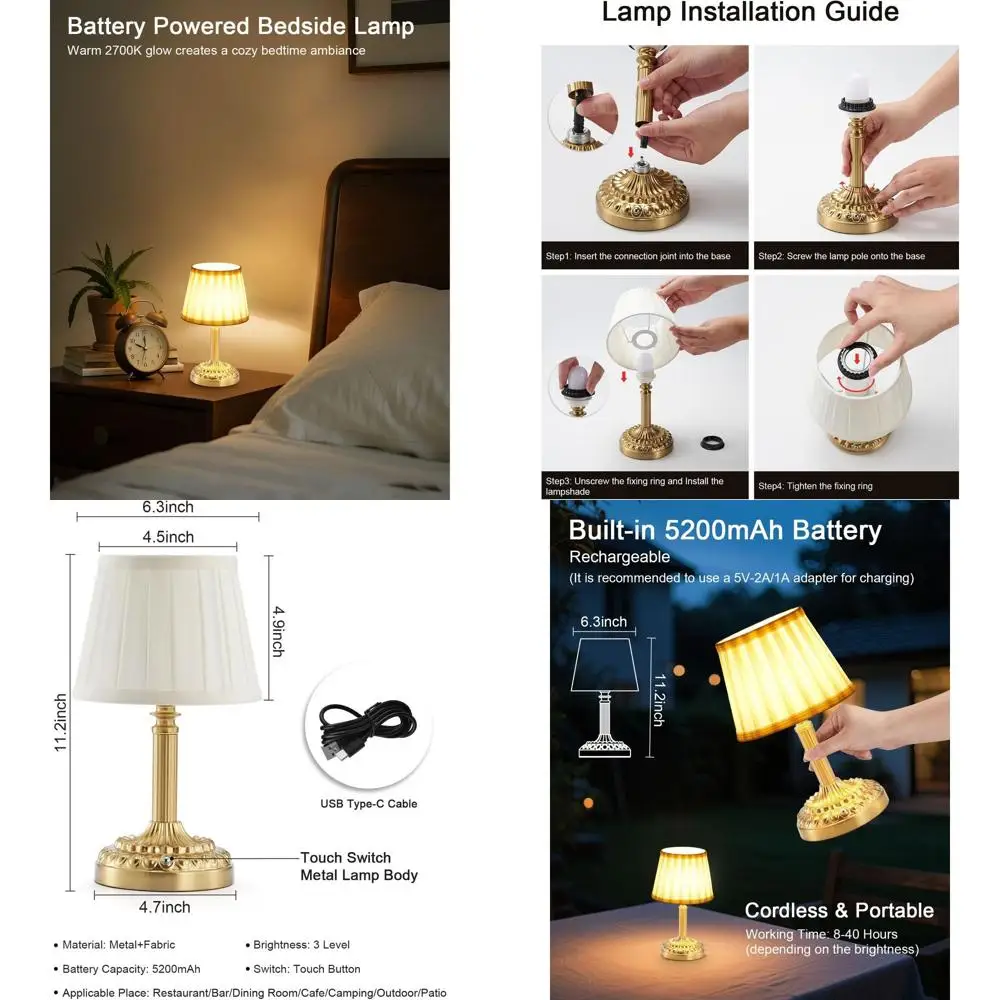 

2 Pack Rechargeable CordlTable Lamps or Restaurant Dining Table, 5200mAh Small Battery Operated Lamp, Portable Dimmable Touch Be