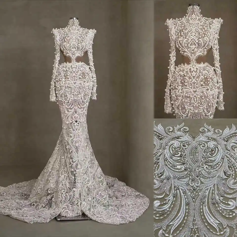 

Luxurious Lace Mermaid Wedding Dresses High Neck Long Sleeve Pearls Beads Bridal Gowns Sequins Customized Bride Dress
