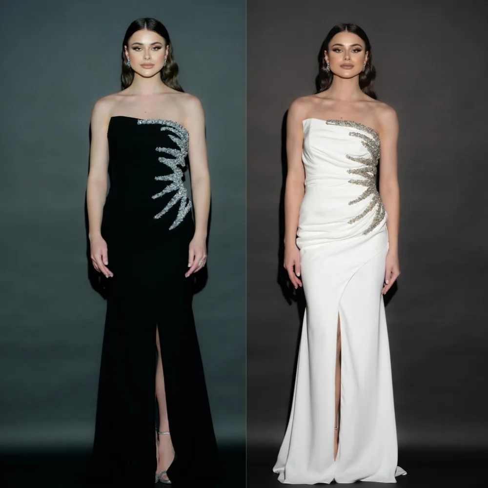 Sparkle Exquisite High Quality Jersey Draped Pleat Sequined Beach A-line Strapless Bespoke Occasion Gown Long Dresses