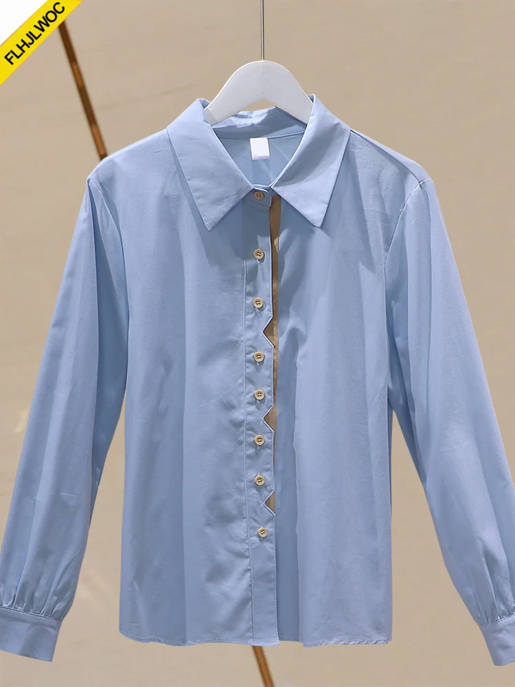 Couleurs contrastées couverture en coton Blouses Chic corée bureau dame femme bases à manches longues bleu bouton rétro Vintage chemises