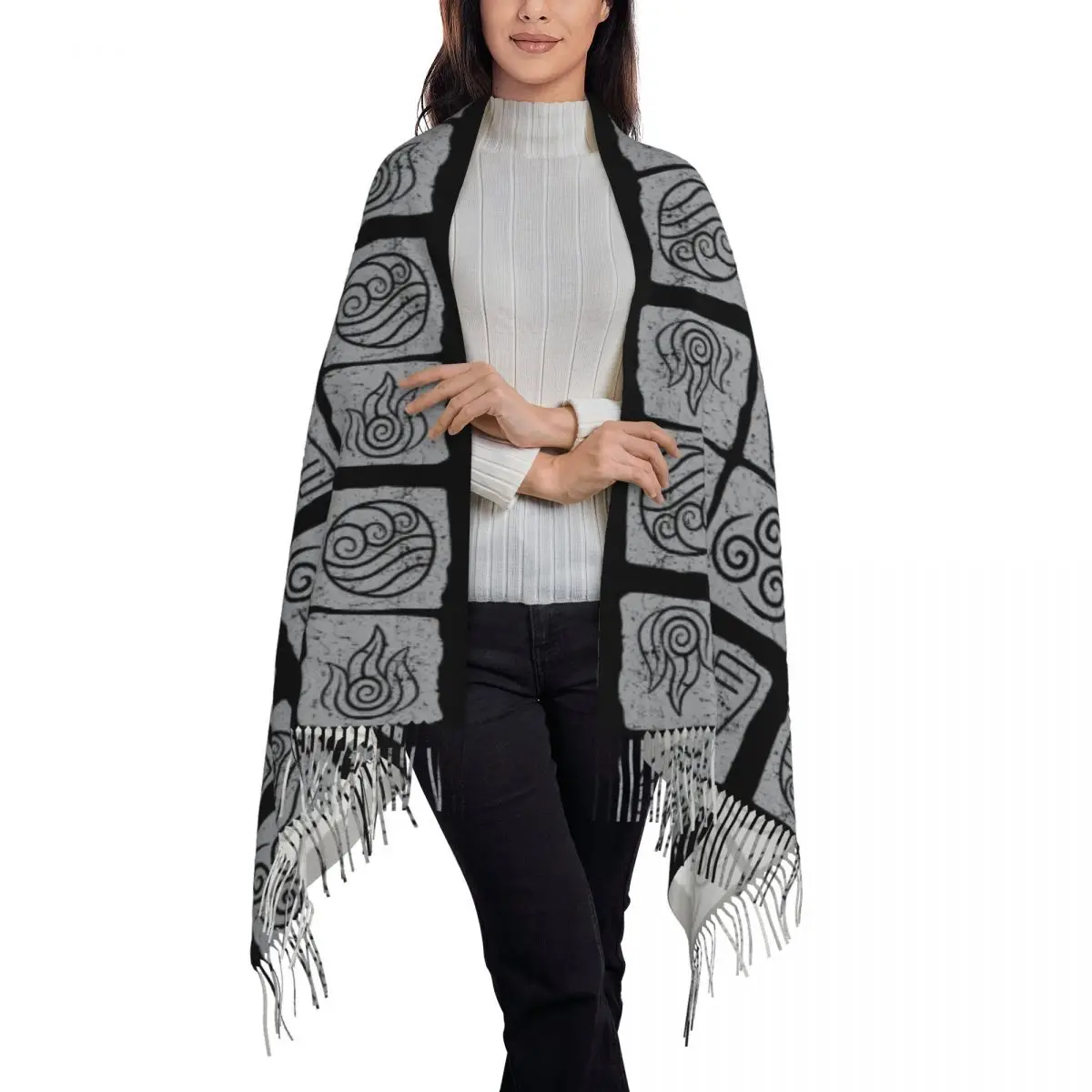 Avatar The Last Airbender Four Elements Scarf Tassel Scarves Women Soft Warm Shawls and Wraps Large Fall Winter Shawl Wrap