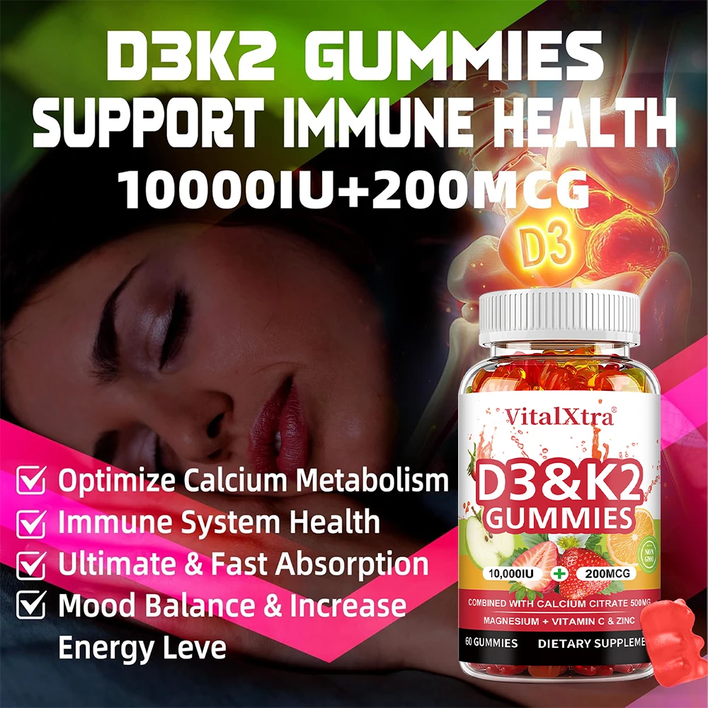 天然ビタミンD3 K2グミ、健康な骨、関節、歯、肌をサポート、免疫健康サプリメント、遺伝子組み換えなし、グルテンフリー