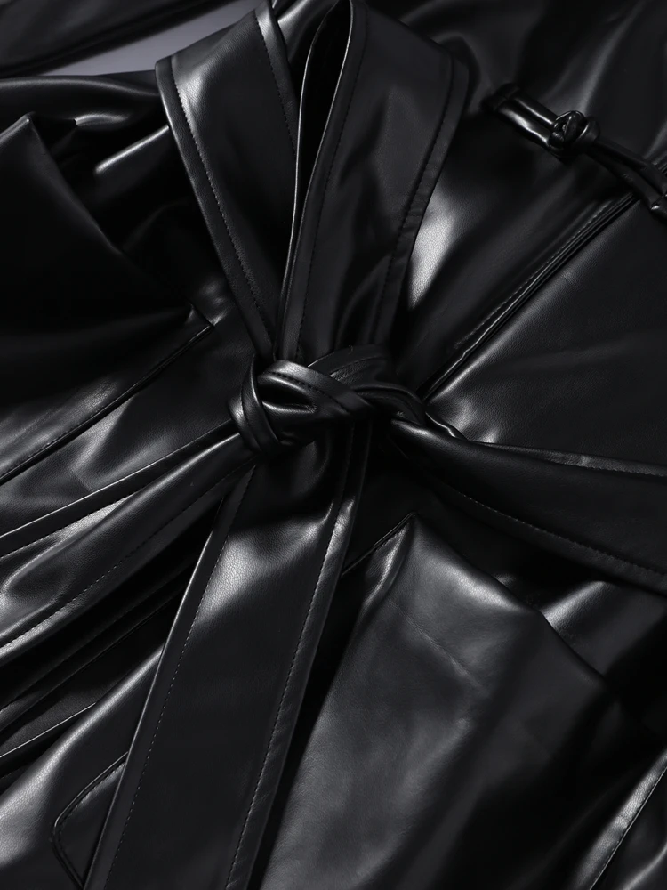 Damen Kunstlederjacken mit Stehkragen, Froschknöpfen und Gürtel, Streetwear, Langarm, Einreihig, Lockere Oberbekleidung – Detail 8
