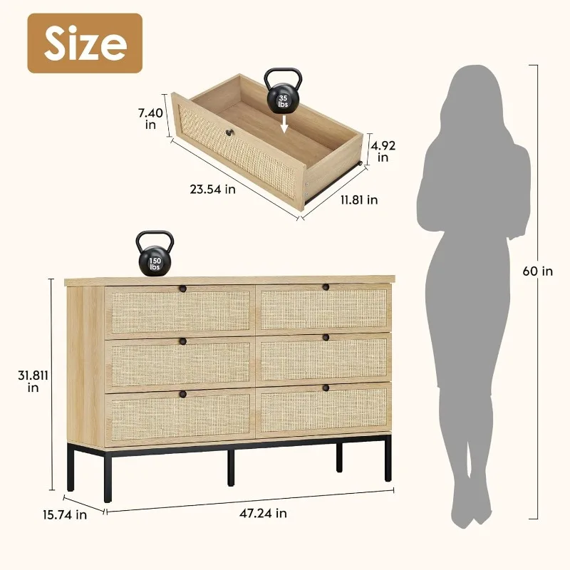 Natural Rattan 6 Drawer Double Dresser for Bedroom, Industrial Wood Clothing Organizer Boho Dresser, Wide Storage Chest