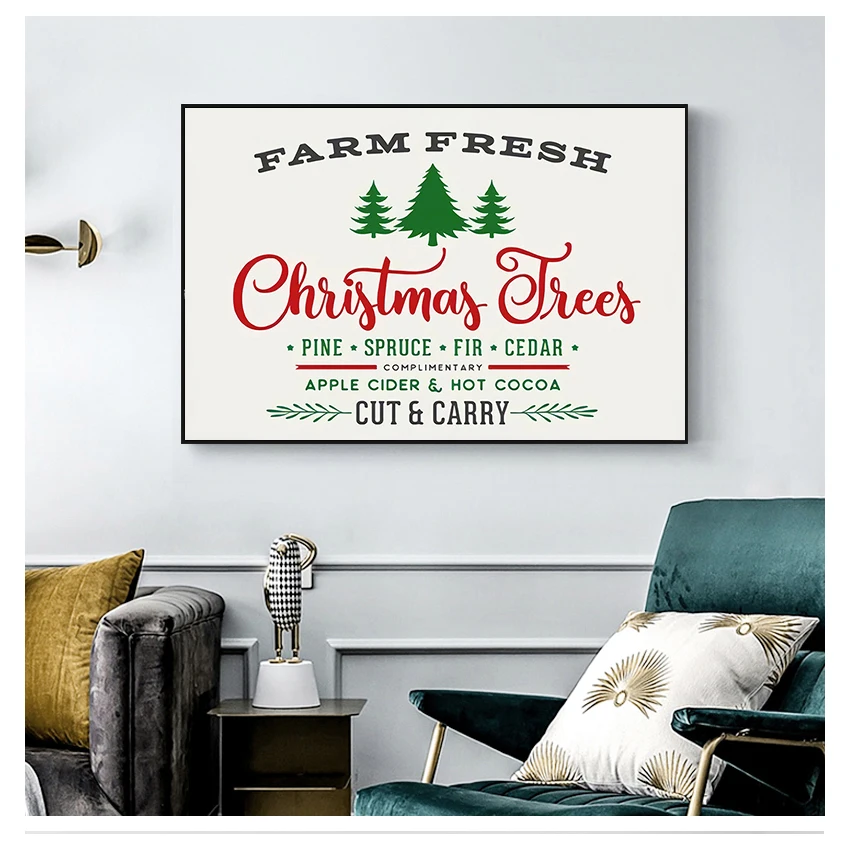 Art Canvas Poster Painting Christmas Home Decor and Rustic Sign Wall Picture Canvas Prints Farm Fresh Christmas Trees Sign