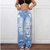 Womens Pants Jeans Light Blue Distressed Baggy Relaxed Fit Wide Leg Denim