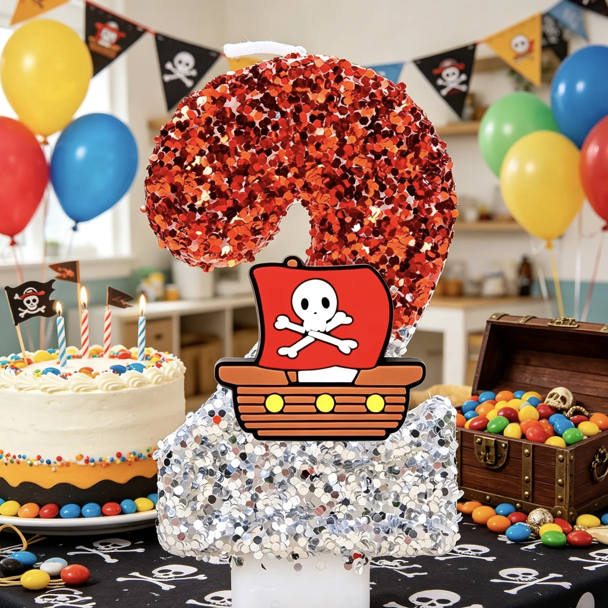 Cartoon Piratenschiff Totenkopf-Design Zahlenkerzen Funkelnde Glitzer-Kuchendekoration für Partyzubehör