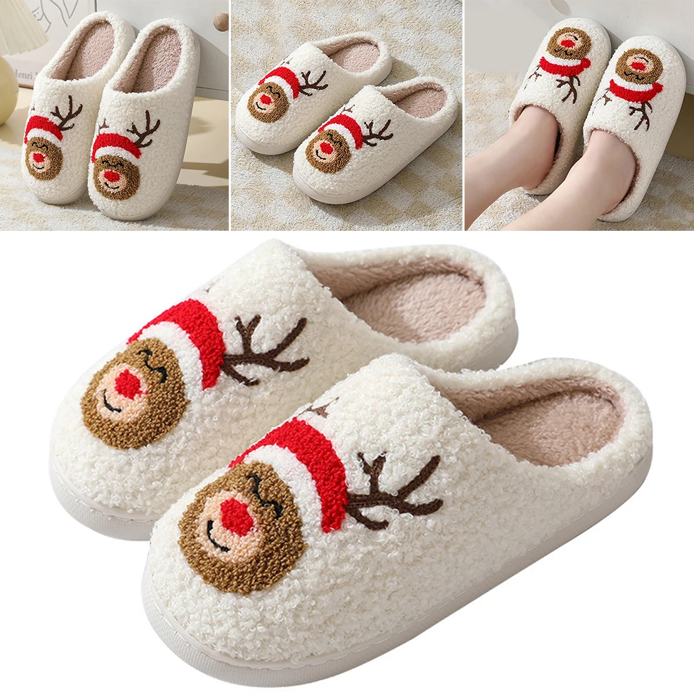 Christmas Fuzzy Indoor Slippers Cozy Elk Fluffy Fur Slippers Soft Plush Closed Toe Slippers Thick Sole Household Supplies