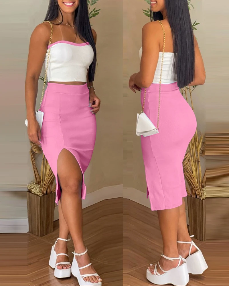 Women's Two Piece Casual Summer Fashion Sweet Solid Color Ribbed Skinny Bandeau Crop Tops and High Waist Slit Midi Skirt Set