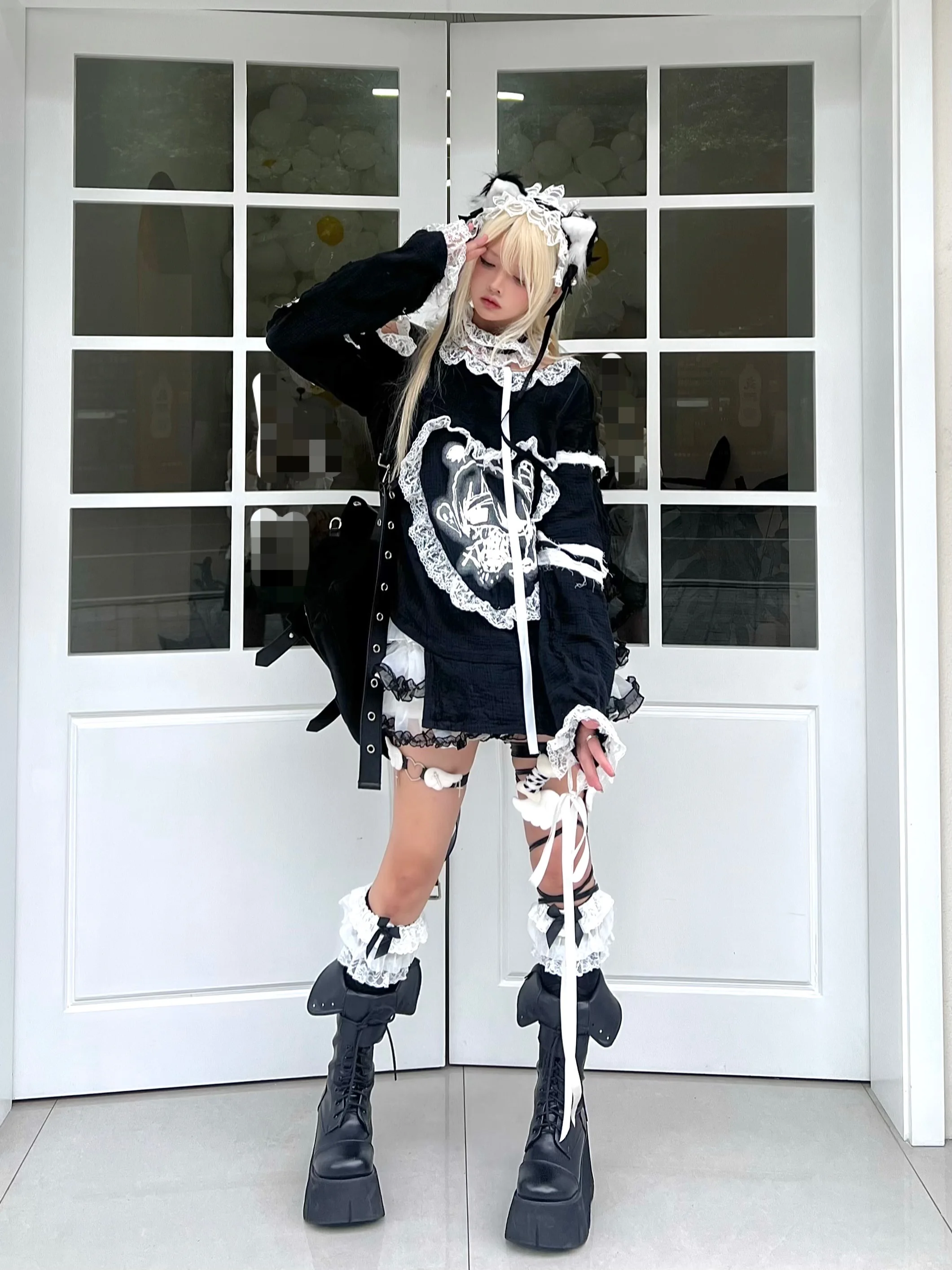 Design Subculture Y2k Anime Print Long Sleeve Tshirt Lace Patch Off Shoulder Cute Kawaii Japanese Loose Sashes Black Shirts Tops