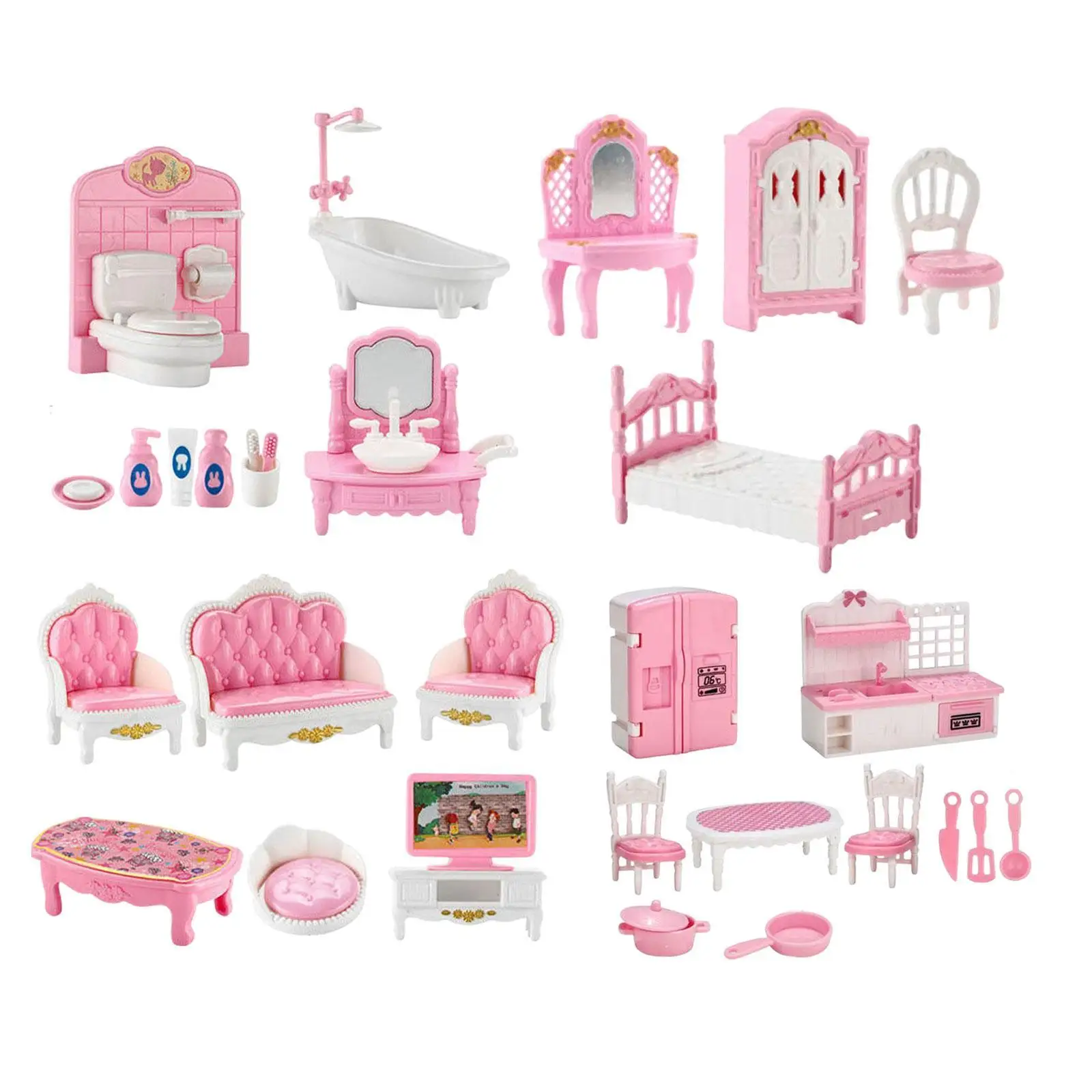 22-teiliges Mini-Hausmöbel-Set zum Spielen, Puppenhaus-Möbelset, kleine Küche, Schlafzimmer, Wohnzimmer, Badezimmer für Kleinkinder