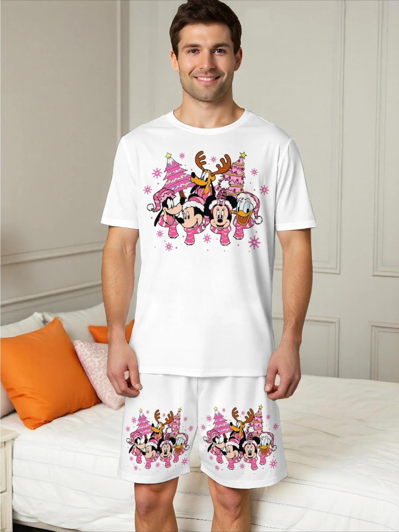 

Disney Christmas Mickey Family Print Couple Set Men's Short Sleeve and Shorts Sports Suits Mens Tracksuit Set Oversized Shirt