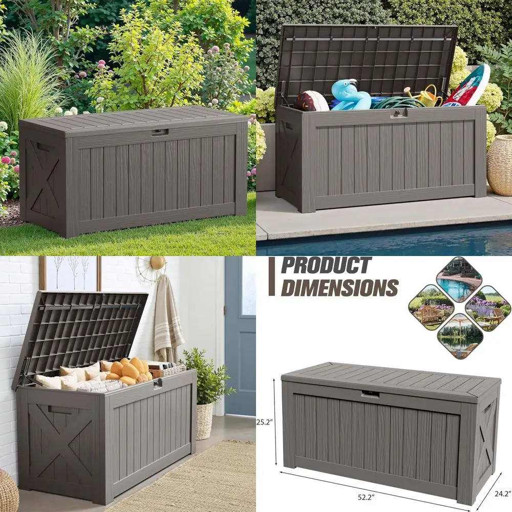 

Большой ящик для хранения из полимерной смолы на 120 галлонов - водонепроницаемый уличный контейнер с функцией запирания для сада, патио и бассейнов (светло-коричневый)