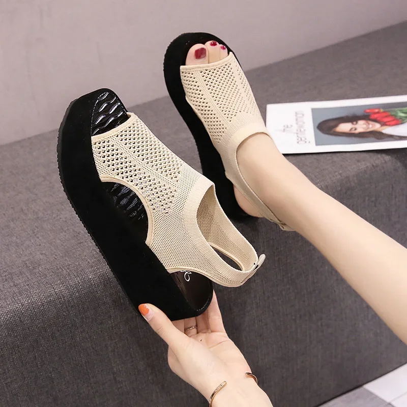 Casual Shoes Summer Women Platform Sandals Wedges Shoes Fashion Knitted Mesh Soft Sandal Ladies High Heels Sandalias De Mujer