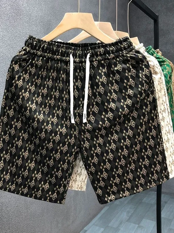 

Printed Qui Dry Ice Silk Five-Quarter Casual Pants Men's Summer Youth Faion Beach orts ular Internet Red
